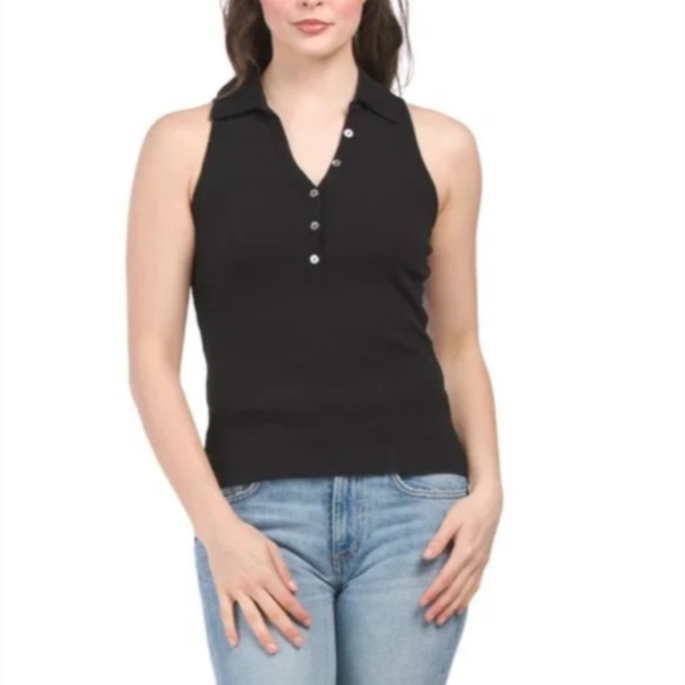 Michael Stars Norah Sleeveless Cotton Polo Shirt Black Size 2X - NWT